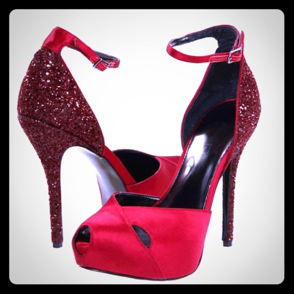 Nine West “Nathania” red satin and glitter pumps
